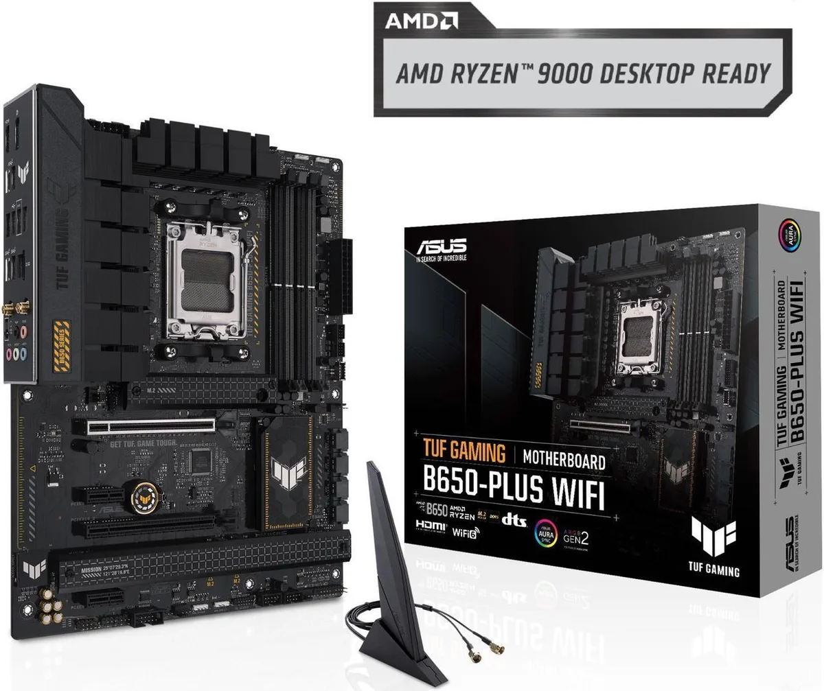 ATX motherboard with dark heatsinks and RGB edge lighting
