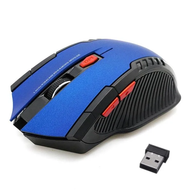 Blue wireless gaming mouse with six buttons and USB receiver
