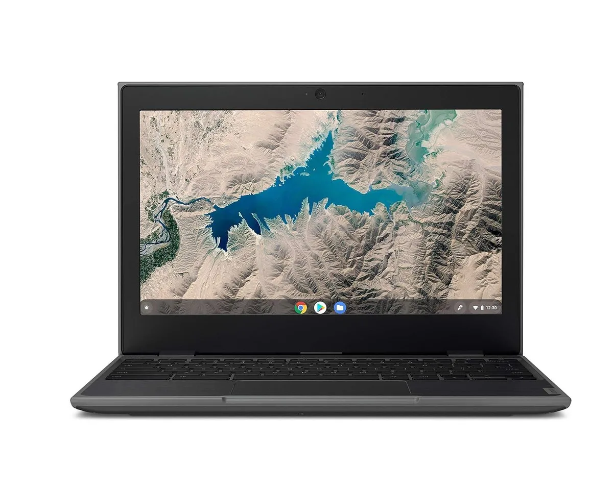Grey 11.6 inch Lenovo 100e Chromebook laptop closed on table
