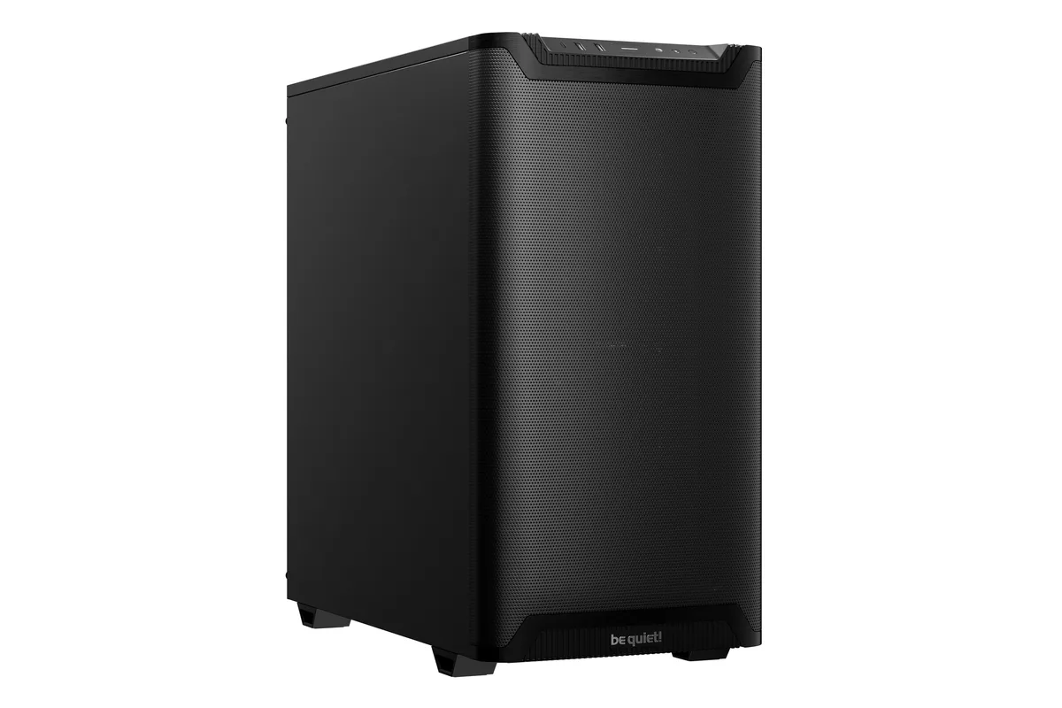 Black ATX full-tower case with solid side panel and mesh front, two pre-installed 140mm fans visible