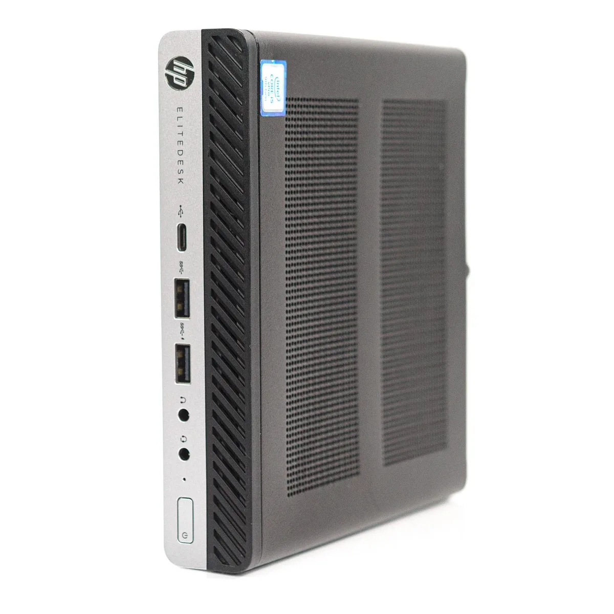 Small black mini desktop with front USB ports and power button