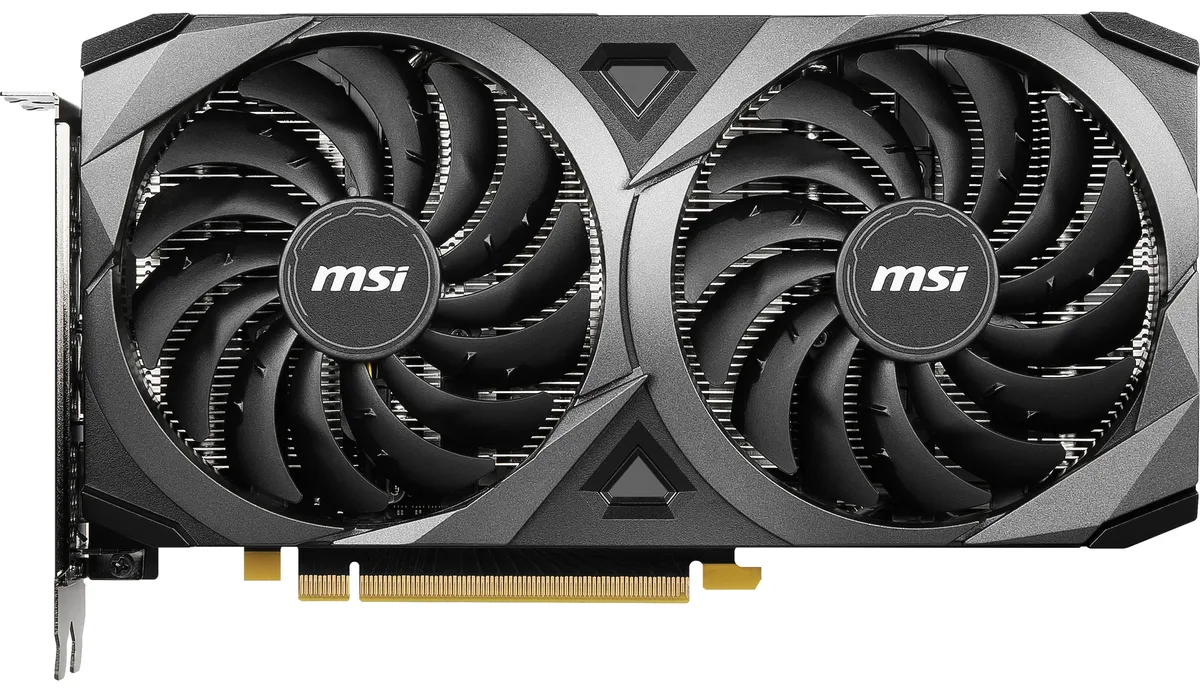 Dual-fan graphics card in black and silver finish
