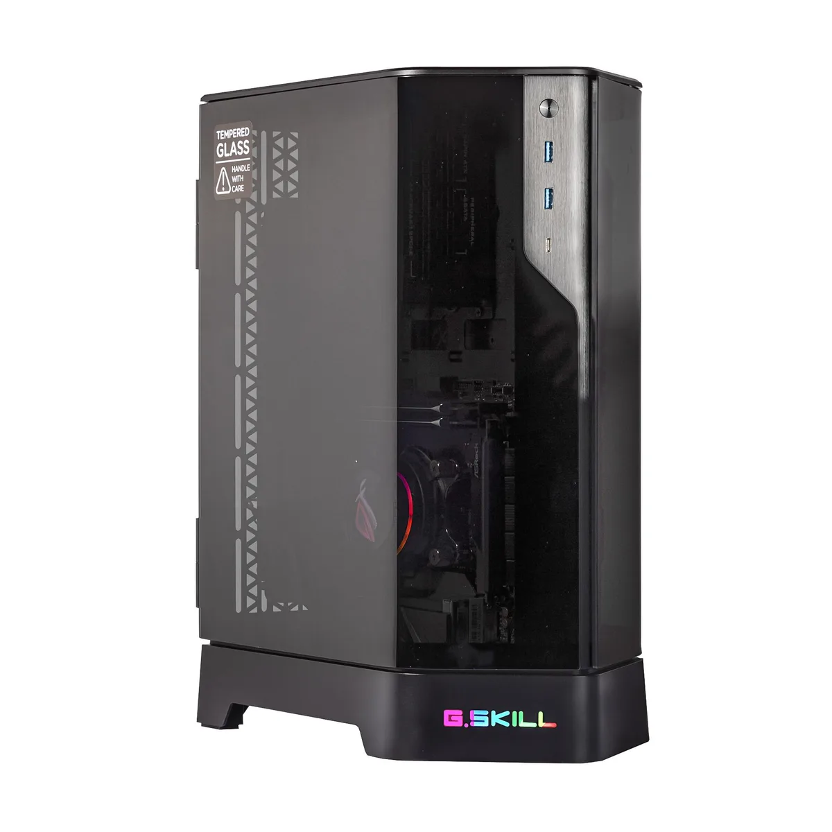 Compact black Mini ITX tower with RGB-lit 240mm AIO cooler visible through side panel