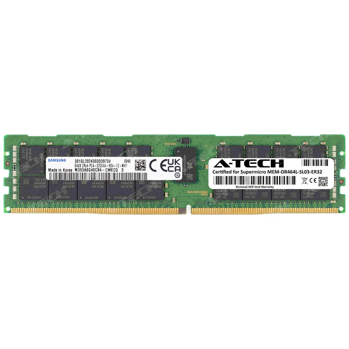 Green rectangular DDR4 RDIMM module with black chips and gold contacts