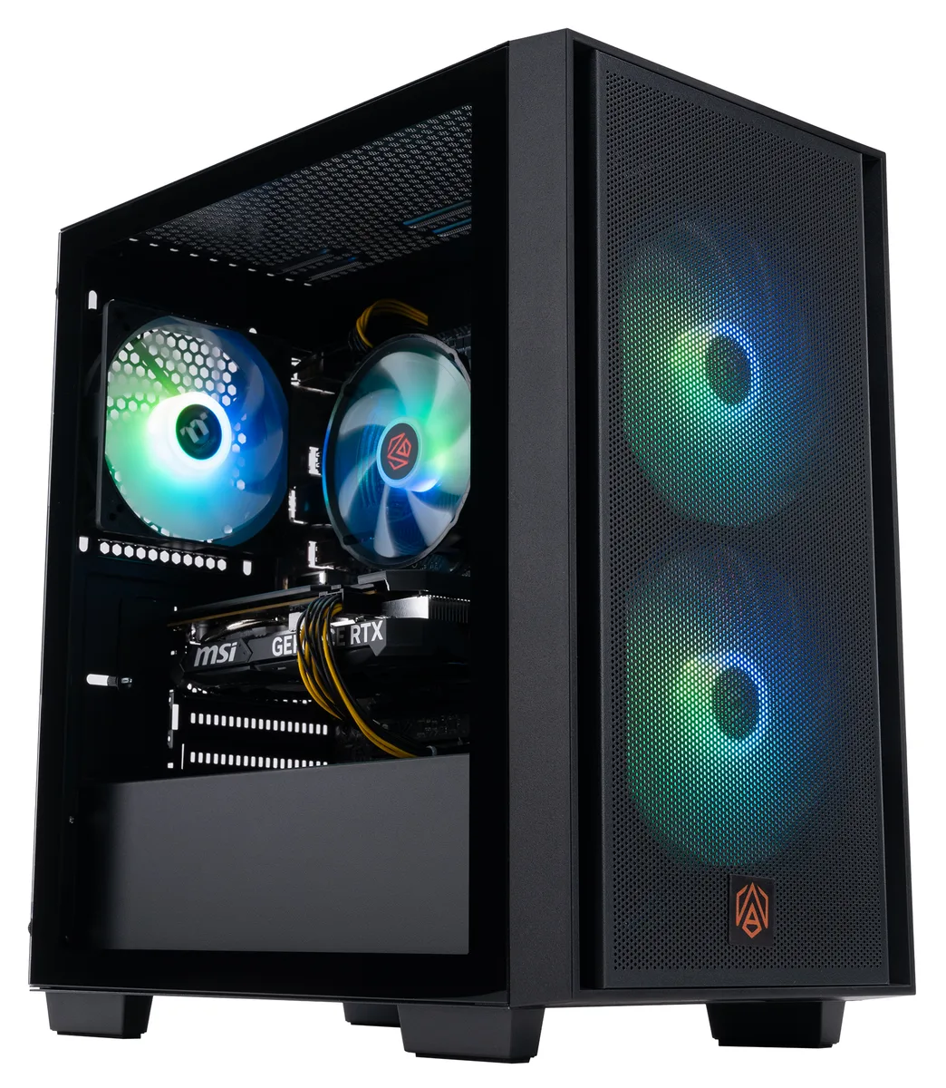 Black mid-tower gaming desktop with RGB air cooler visible inside
