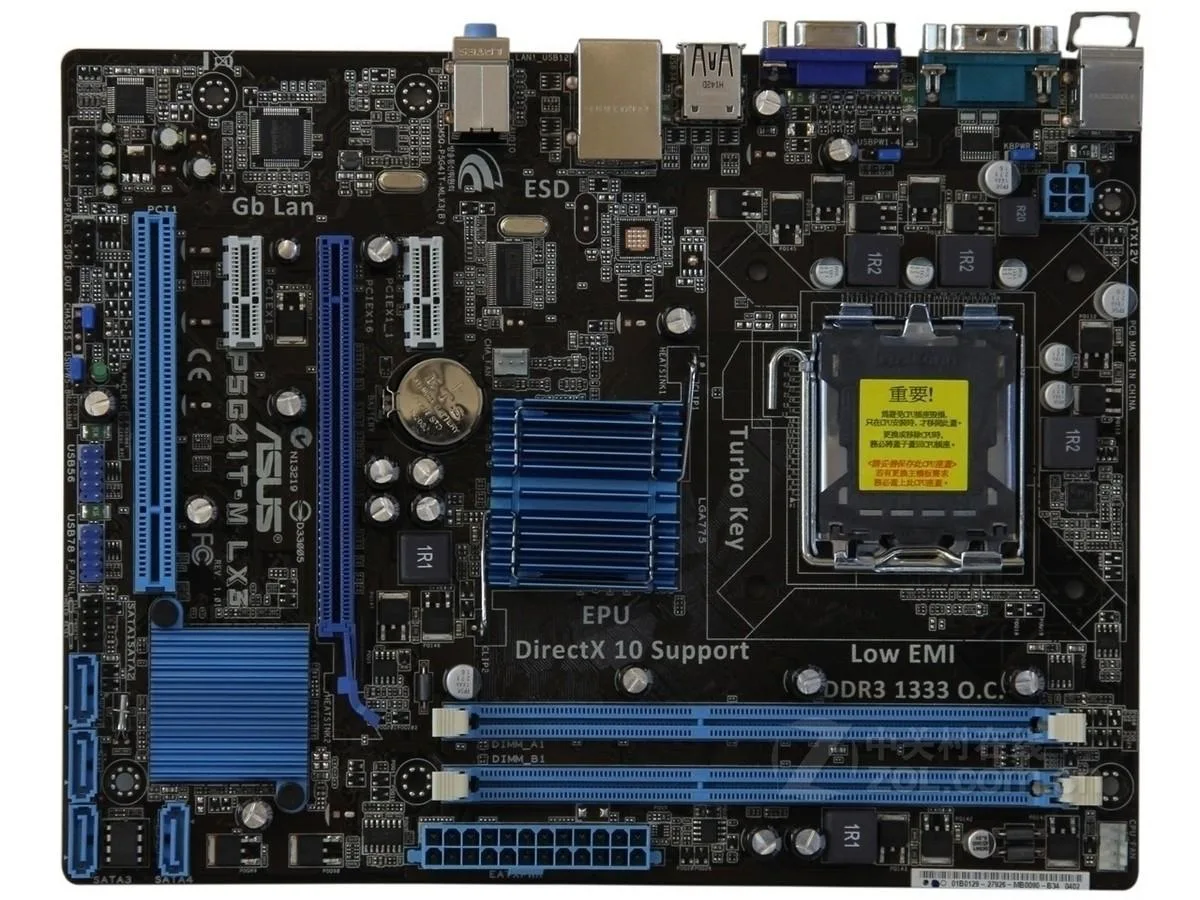 Green rectangular Micro ATX motherboard with silver LGA 775 socket, black DDR3 slots and blue SATA ports
