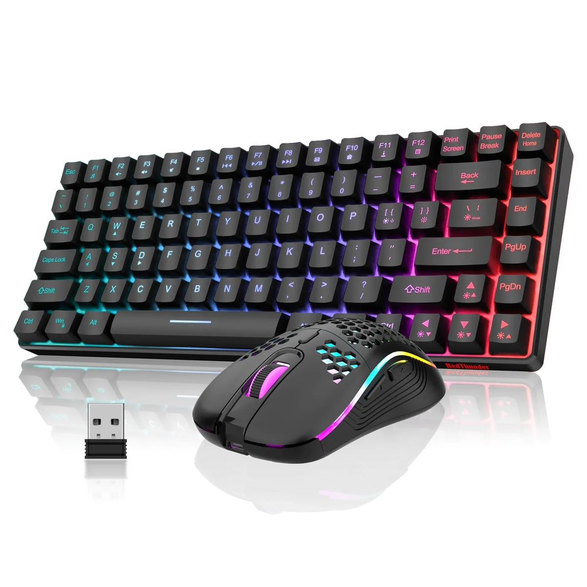 Black 75% wireless keyboard with compact layout and matching honeycomb optical mouse