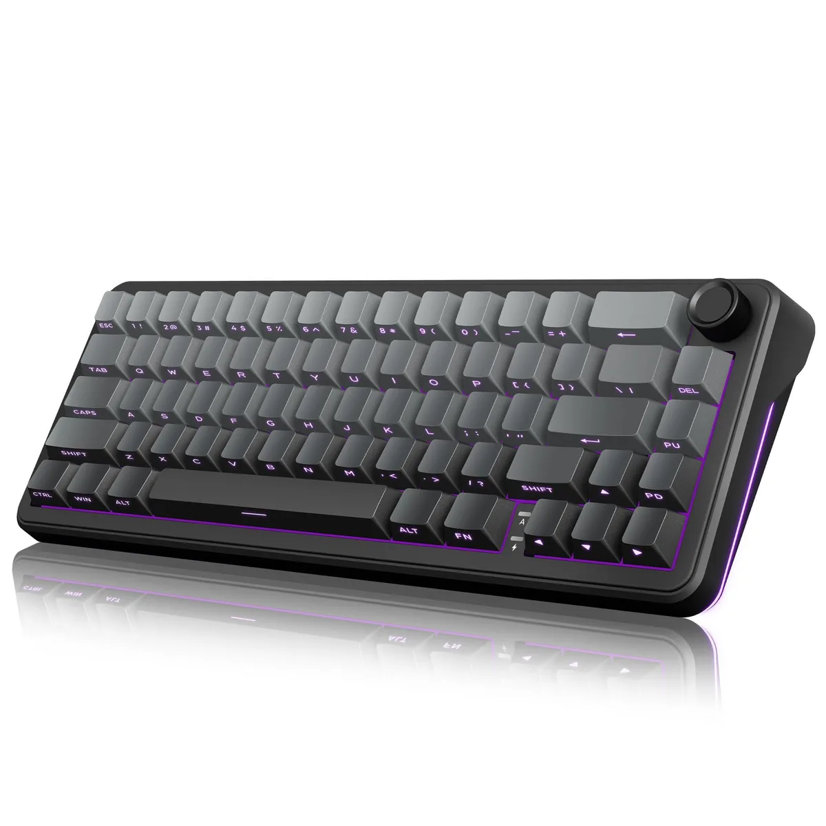 Compact 65 percent mechanical keyboard in gradient gray with PBT keycaps and multi-function knob
