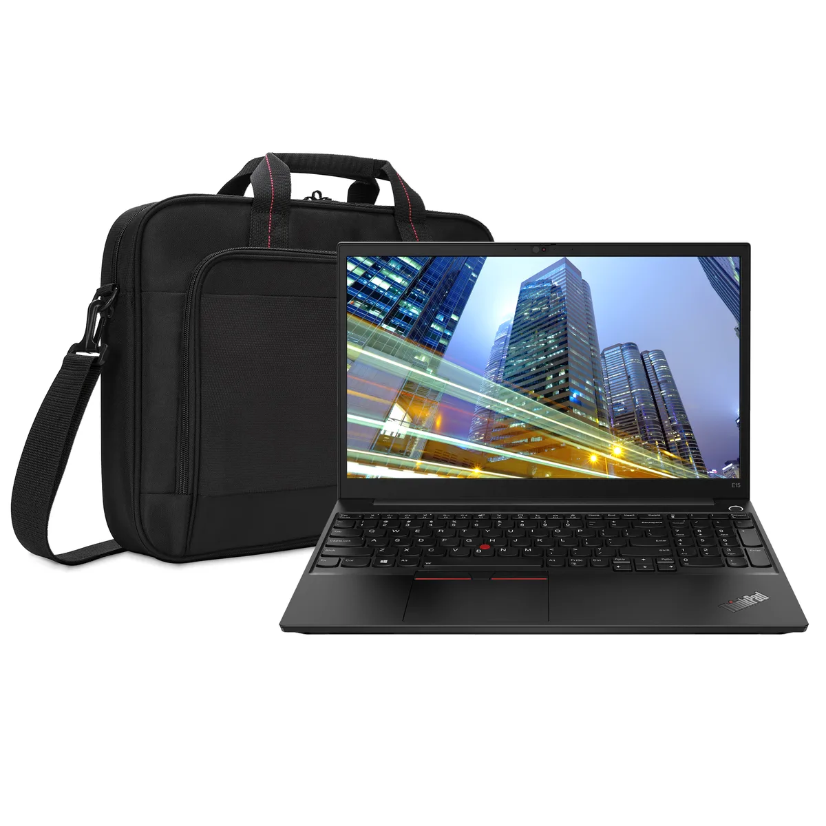 Black 15.6 inch ThinkPad E15 Gen 2 laptop with matching red and black laptop bag