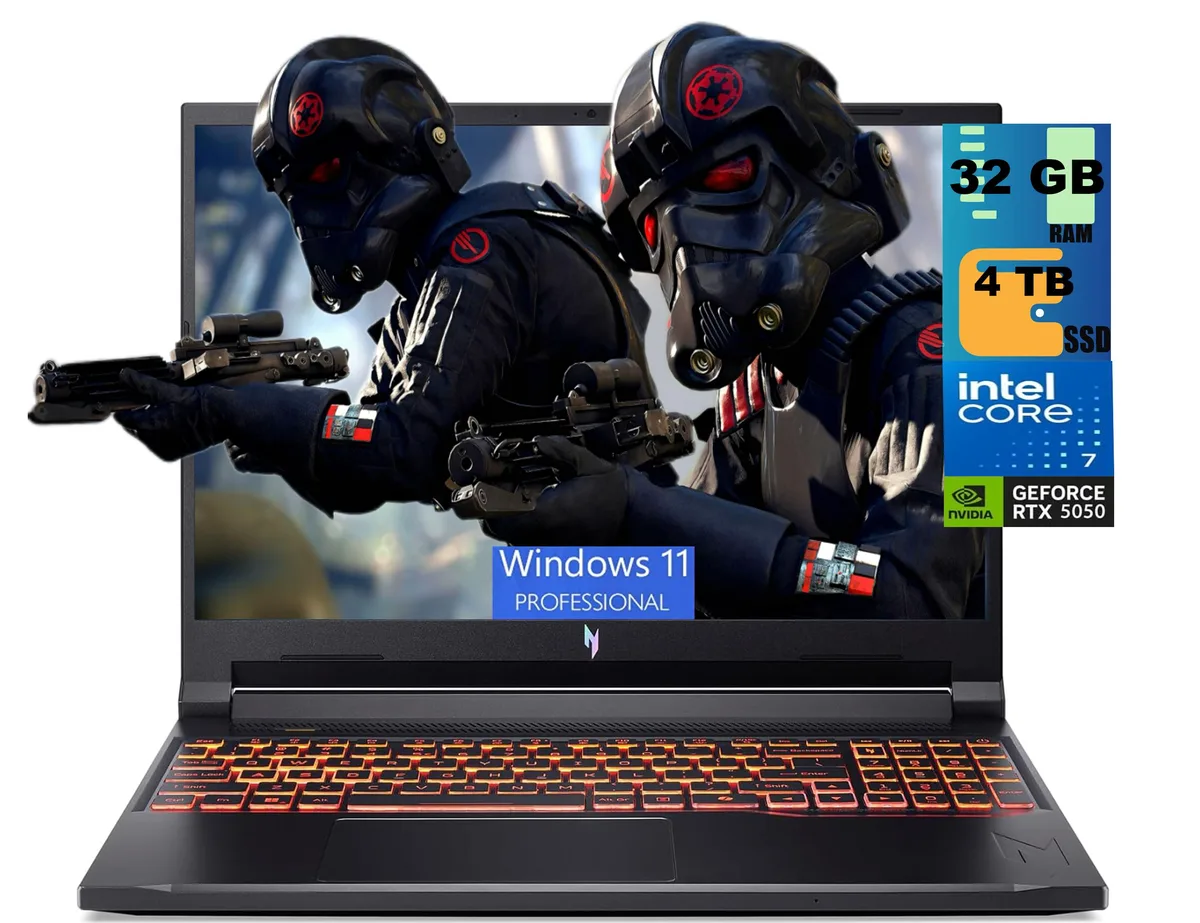 Black 16 inch gaming laptop with matte finish and backlit keyboard