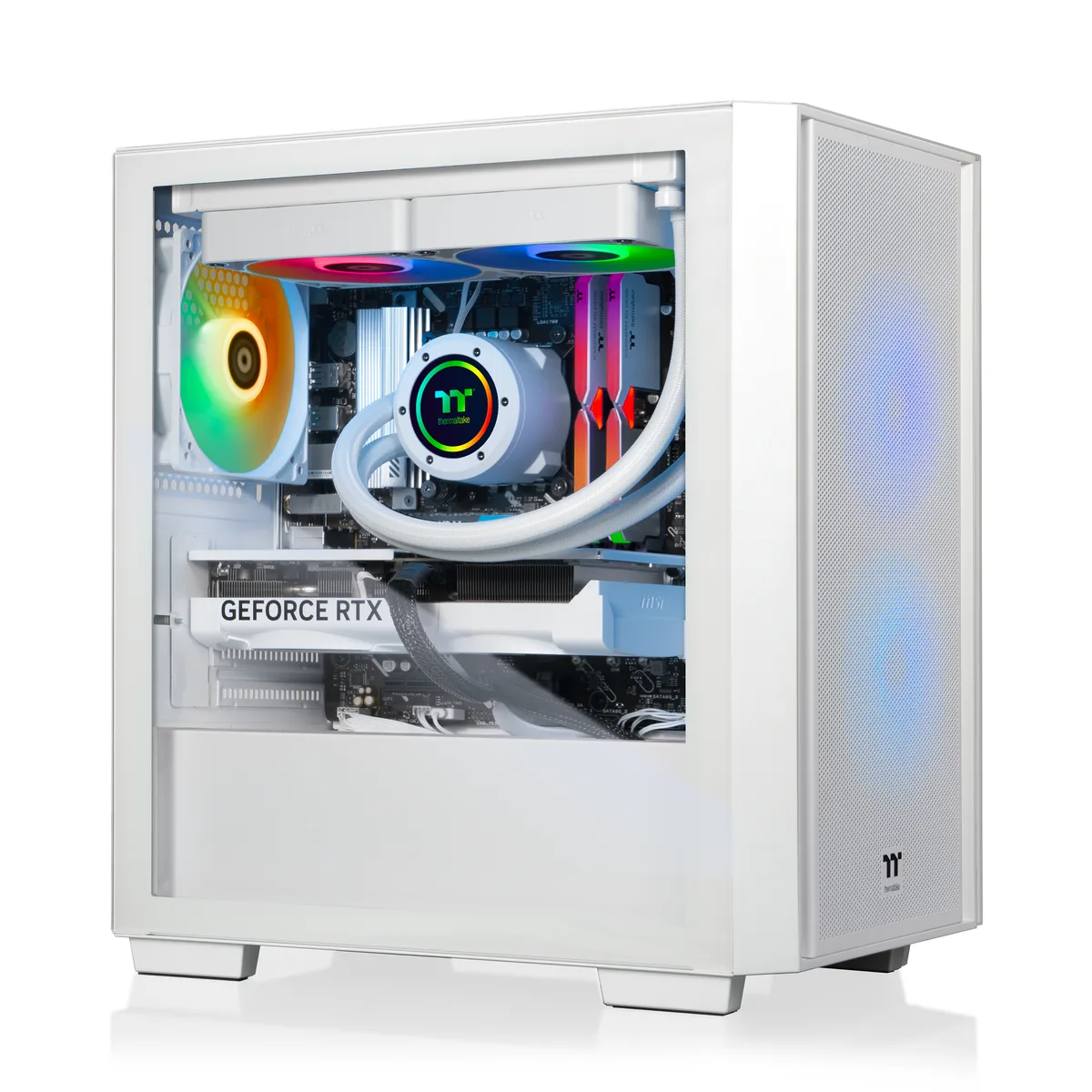 White mid-tower gaming desktop with ARGB liquid cooler visible through glass side panel