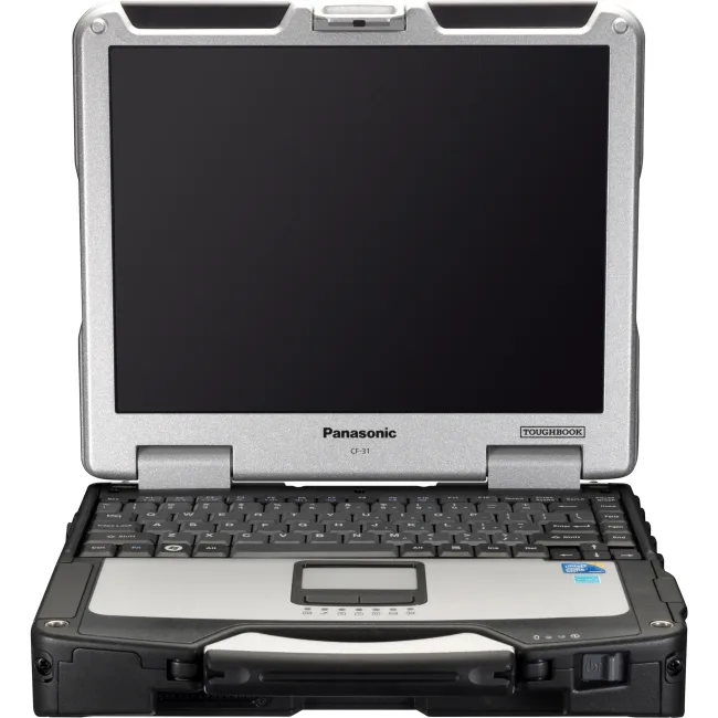 Rugged matte-grey 13.3 inch laptop with integrated handle and touchscreen display
