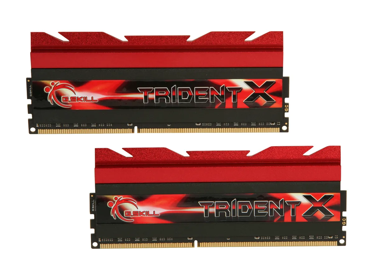Two black DDR3 modules with tall finned heatsinks, removable top fins visible