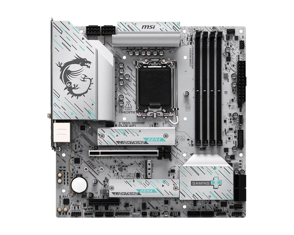 Rectangular micro-ATX motherboard in dark grey with black heatsinks and silver PCIe slots