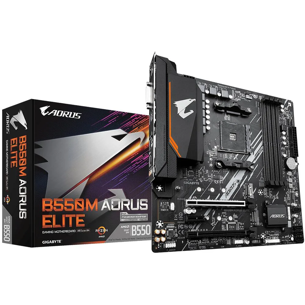 Micro ATX motherboard with black PCB and silver heatsinks