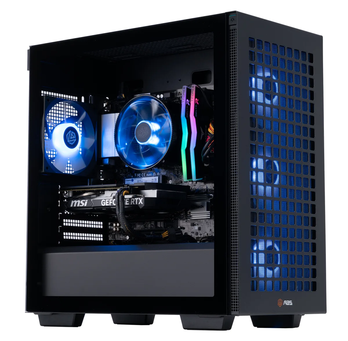 Black mid-tower gaming desktop with RGB air cooler and transparent side panel