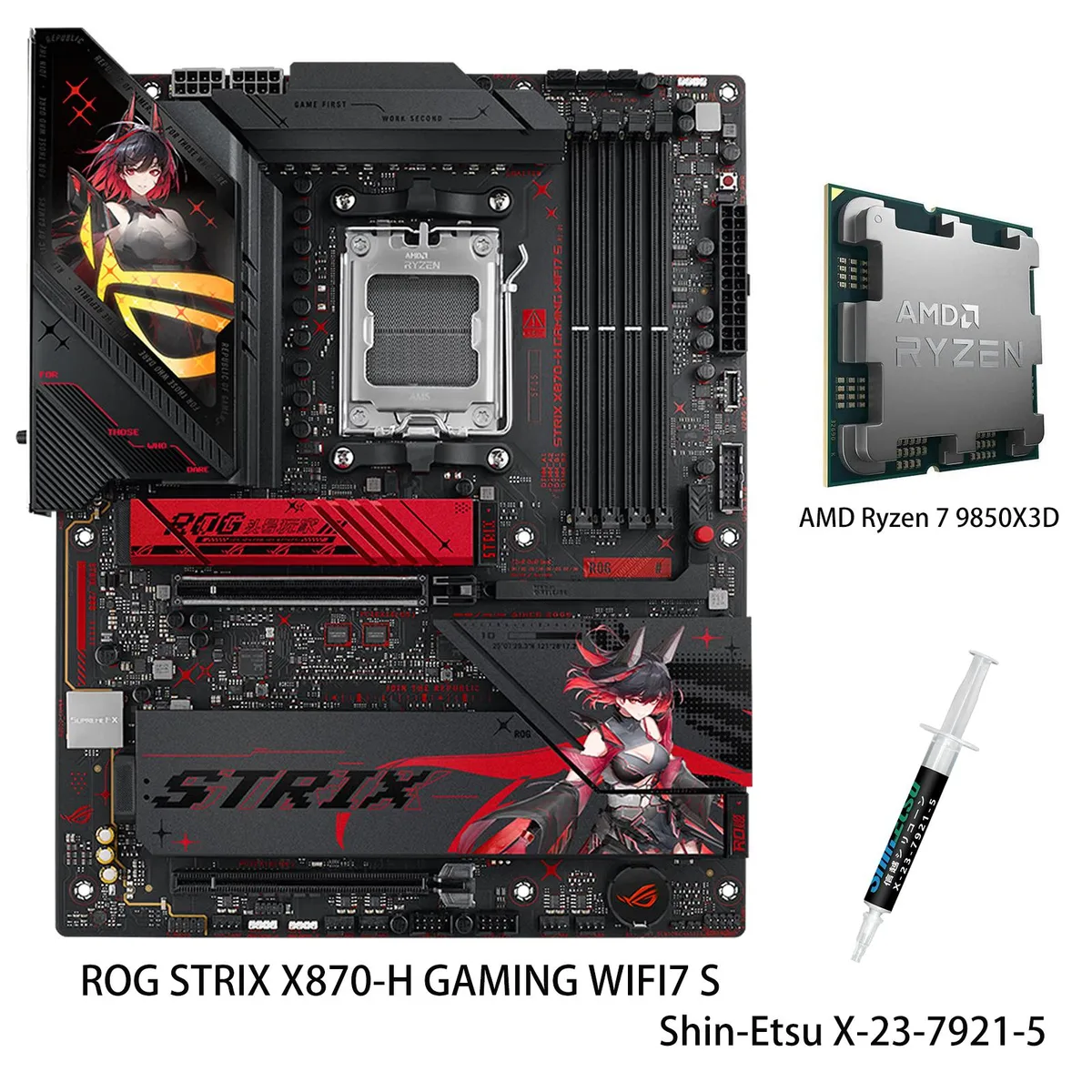 ASUS ROG STRIX X870-H motherboard with Ryzen 7 9850X3D CPU, white RO HIME EDITION finish