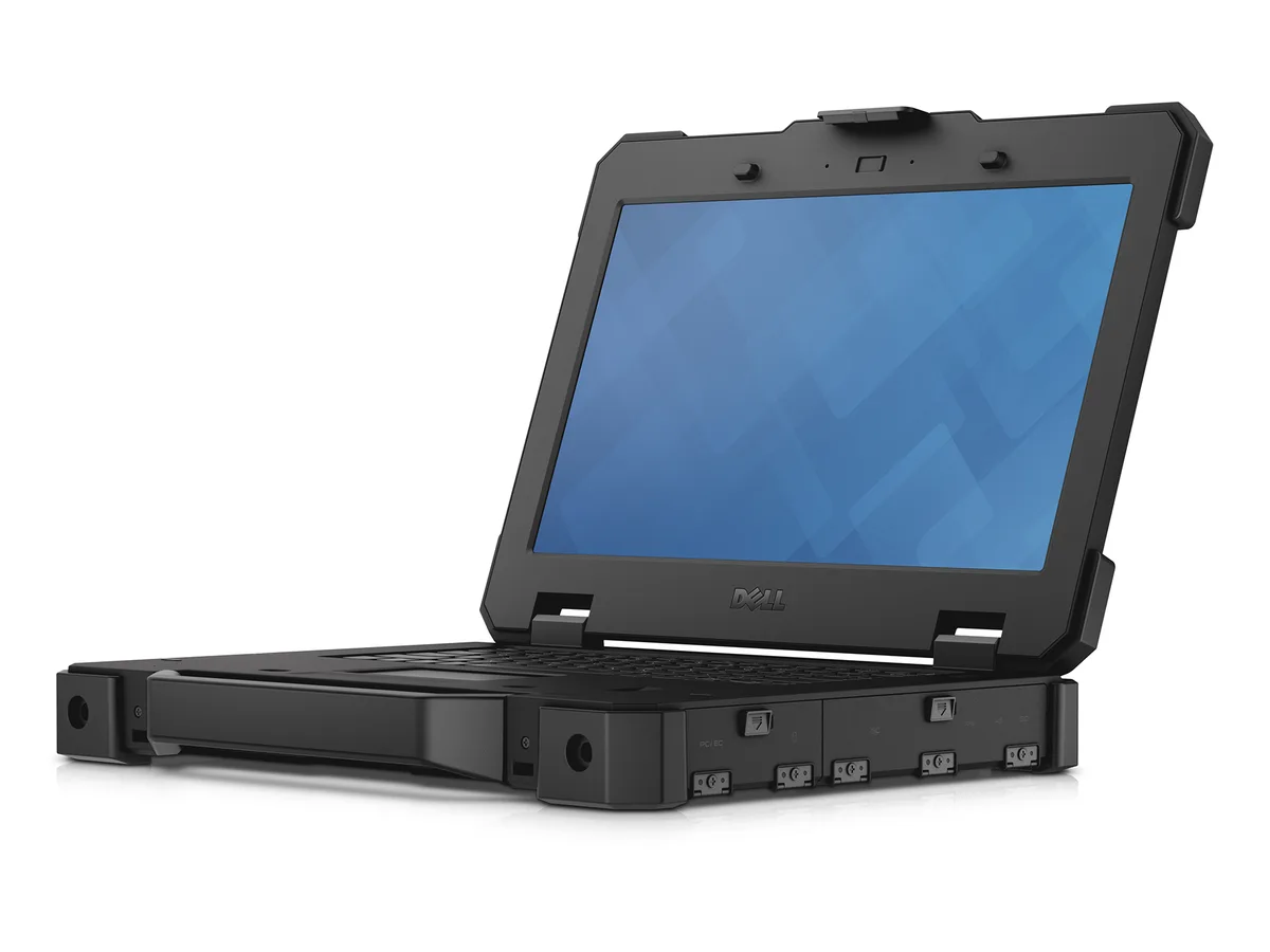 Thick dark rugged laptop with 14 inch touchscreen and sealed ports