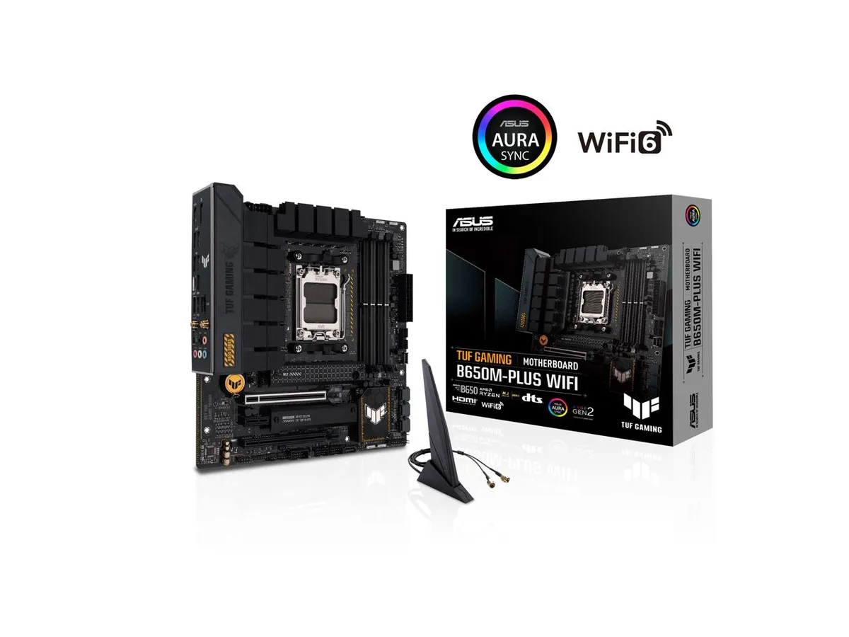 Grey mATX board with yellow accents, metal heatsinks and RGB edge lighting