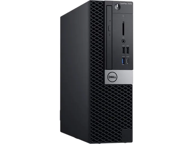 Small form factor desktop tower in matte black finish with DVD drive slot and front ports