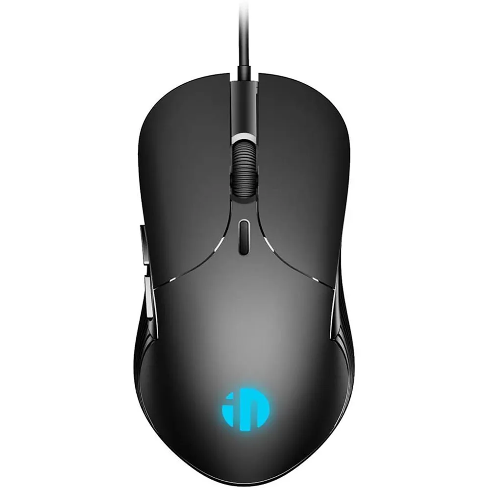 Black wired gaming mouse with six buttons and rubber matte finish