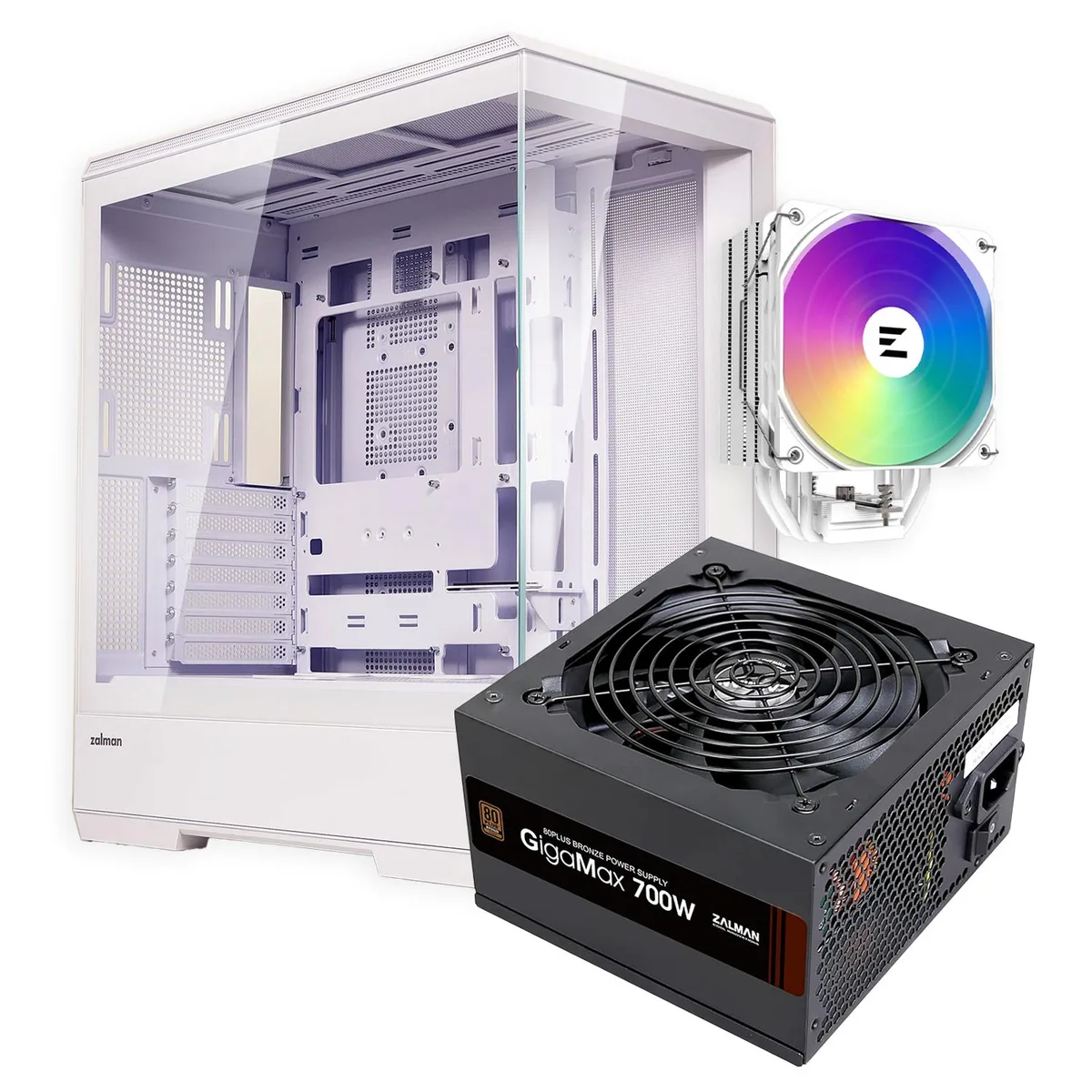 Zalman Zalman P50 White ATX Mid-Tower PC Case + 9X Performa Plus 180W CPU Cooler + Gigamax 700W 80+ Bronze PSU — product photo