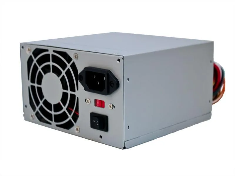 Grey ATX power supply unit with single fan and cable bundle