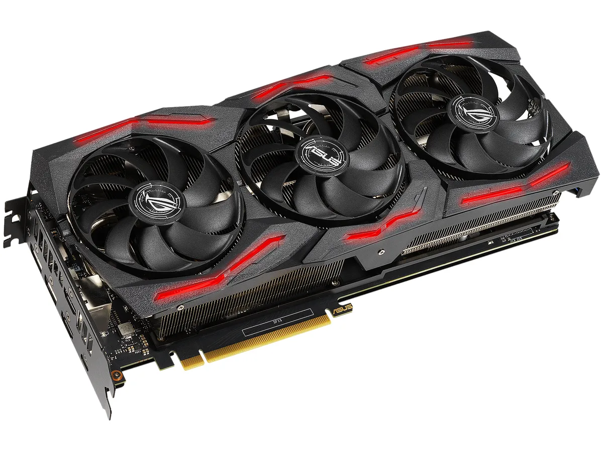 Black triple-fan graphics card with silver accents and USB-C port