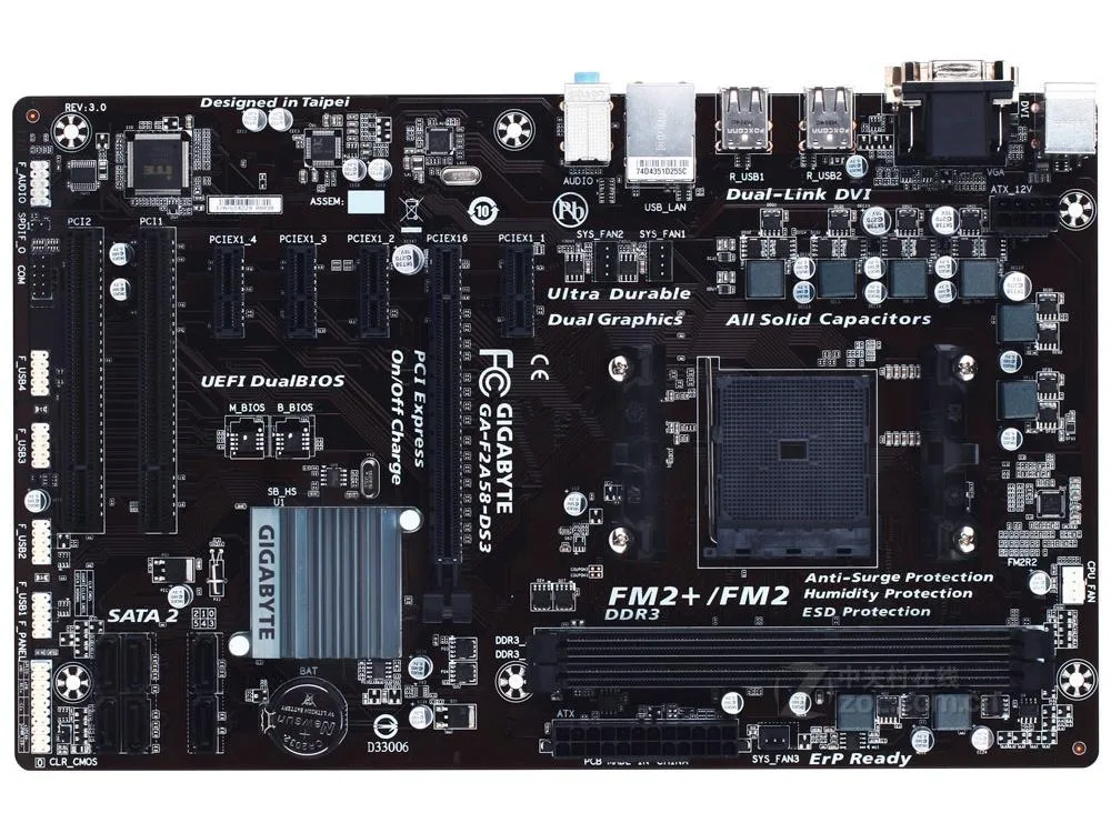 Green ATX motherboard with two DDR3 slots and FM2 socket