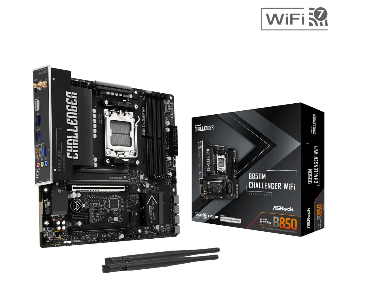 Green Micro ATX motherboard with silver heatsinks, four black DDR5 slots, two M.2 shields, and rear I/O panel showing HDMI, USB ports