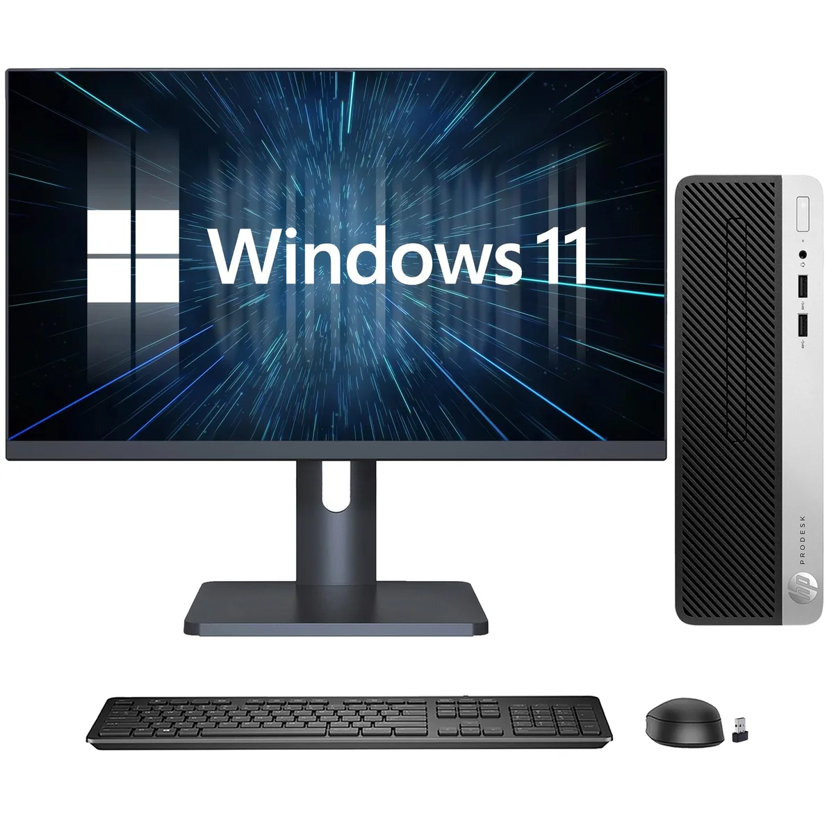 HP HP ProDesk 400 G5 SFF desktop PC, i3-8100 3.6 GHz, 8 GB DDR4, 256 GB SSD, 27" monitor, Windows 11 Pro — photo du produit