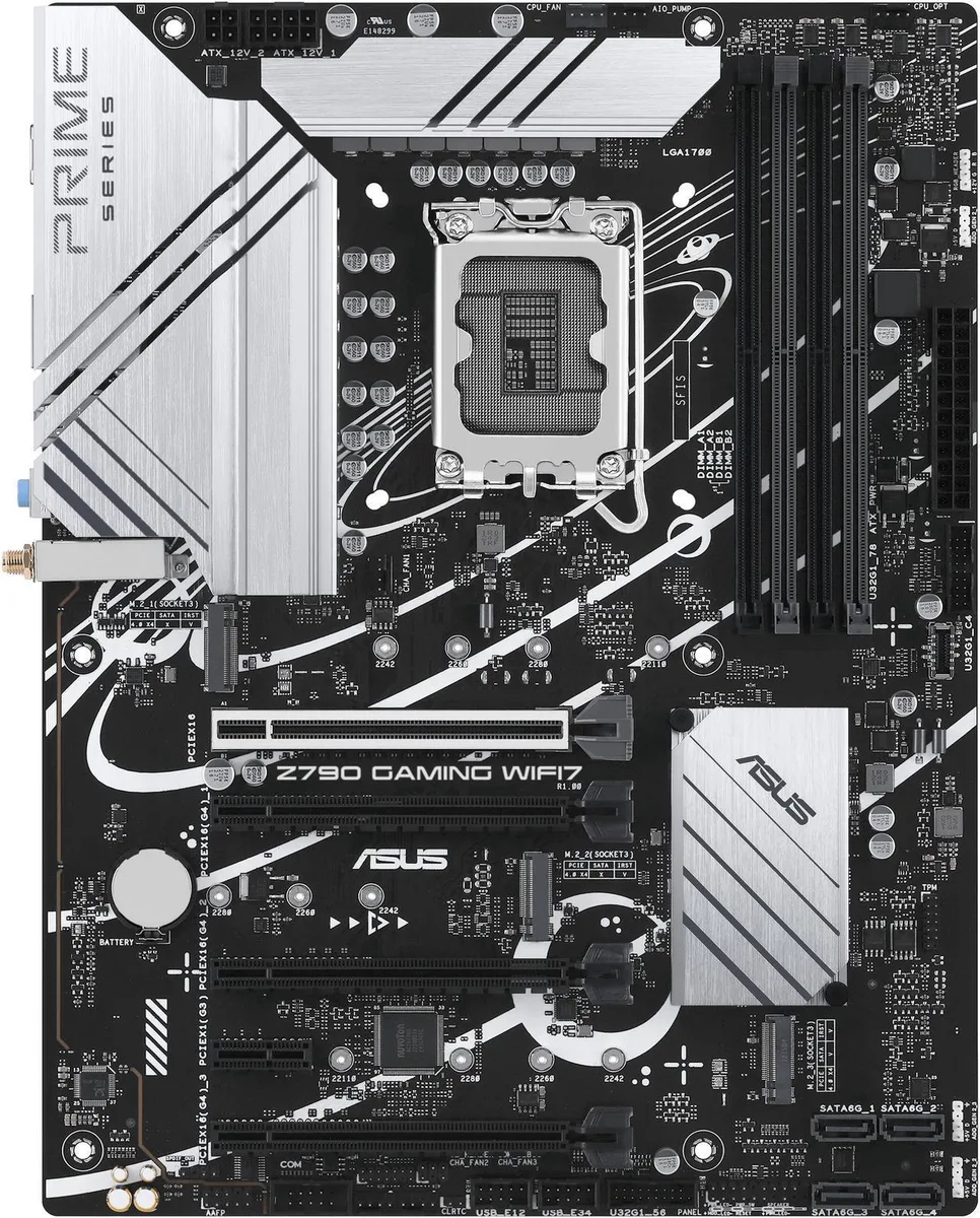 ASUS PRIME Z790 GAMING WIFI7 ATX motherboard in black with silver heatsinks and rear I/O shield