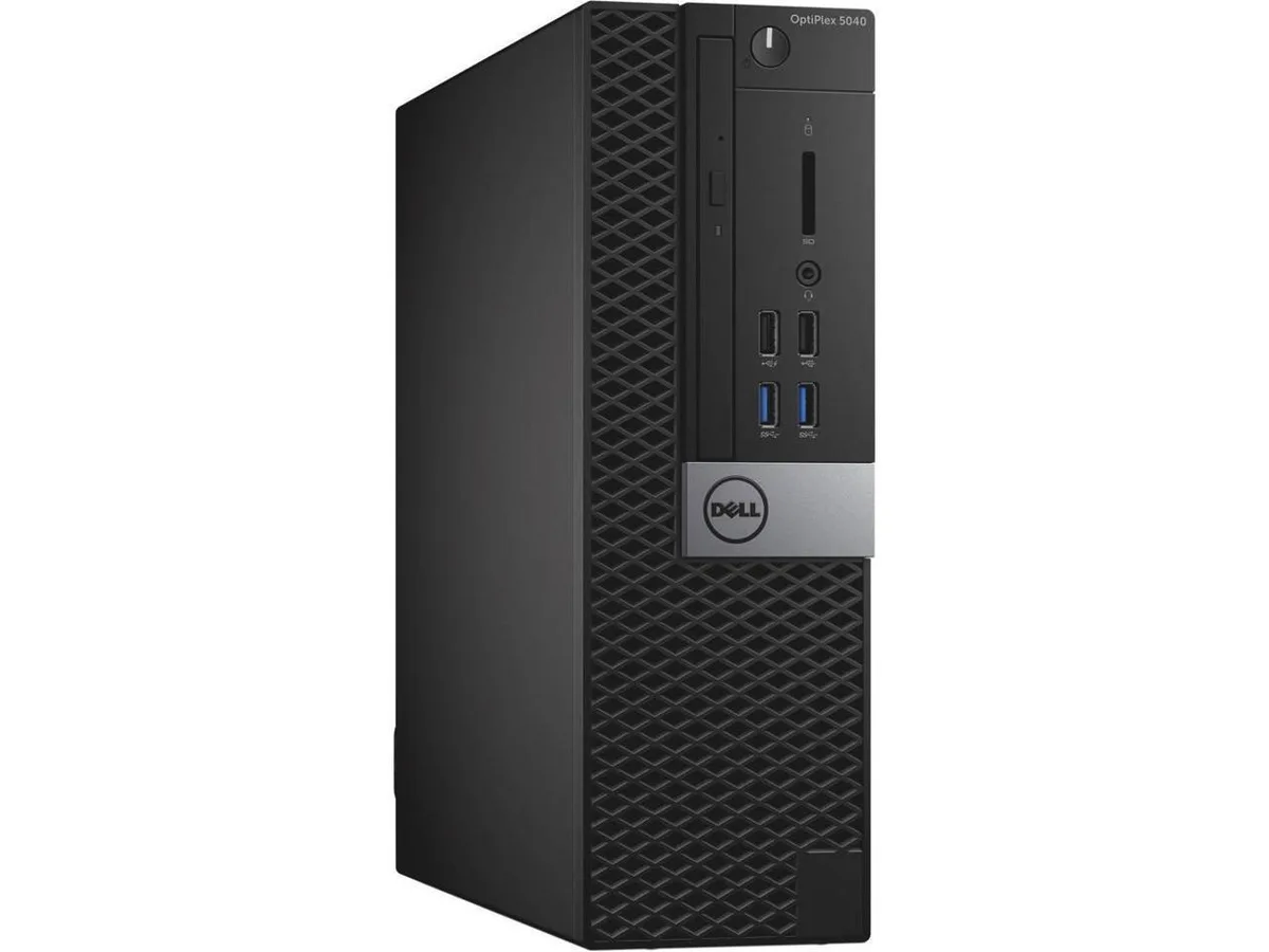 Black small form factor desktop tower with front DVD drive and USB ports