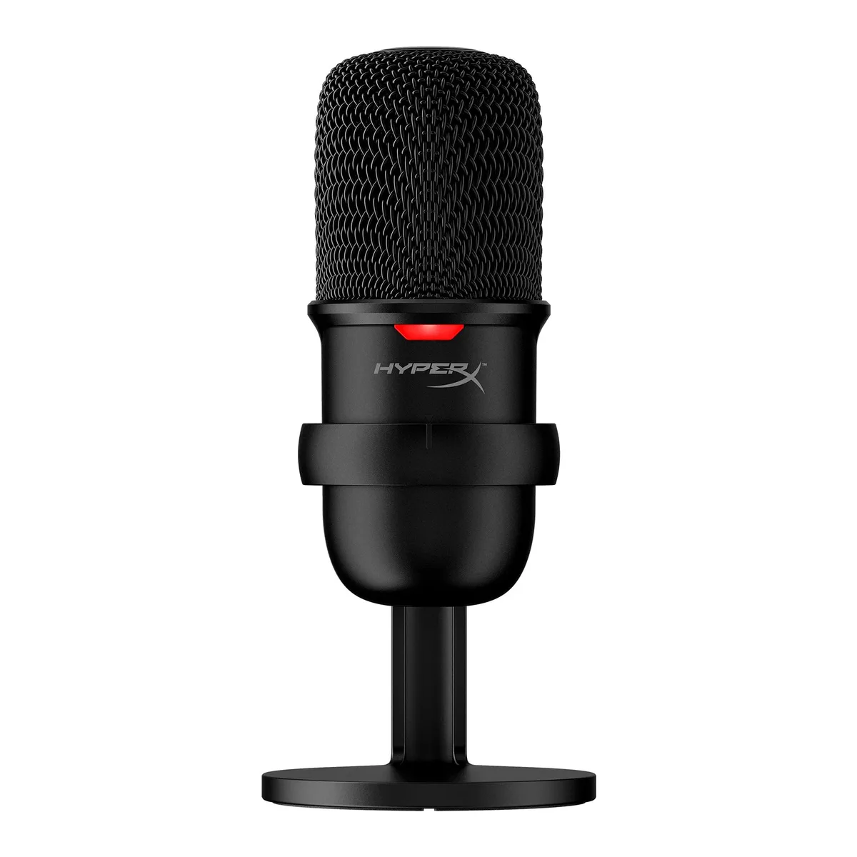 Black USB condenser microphone on adjustable desktop stand with tap-to-mute sensor and LED indicator