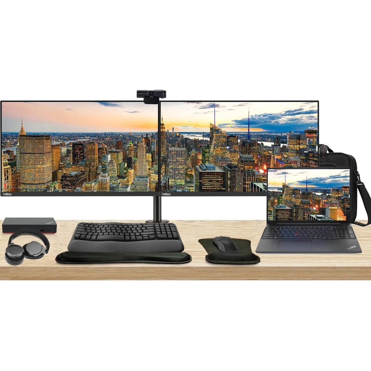 Lenovo Lenovo E16 16" Ryzen 7 16GB 512GB + 2×ThinkVision T27i 27" 60Hz Dock MK670 Webcam Headphones Stand Bag — photo du produit