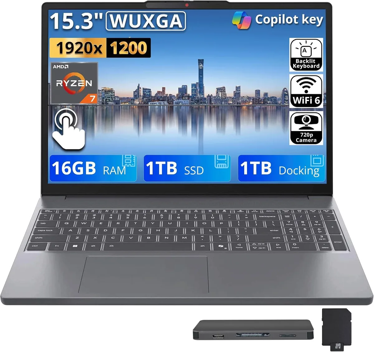 Lenovo Lenovo IdeaPad Slim 3 15.3" Touch AMD Ryzen 7 8840HS 16GB 1TB + 1TB Dock Luna Gray — صورة المنتج