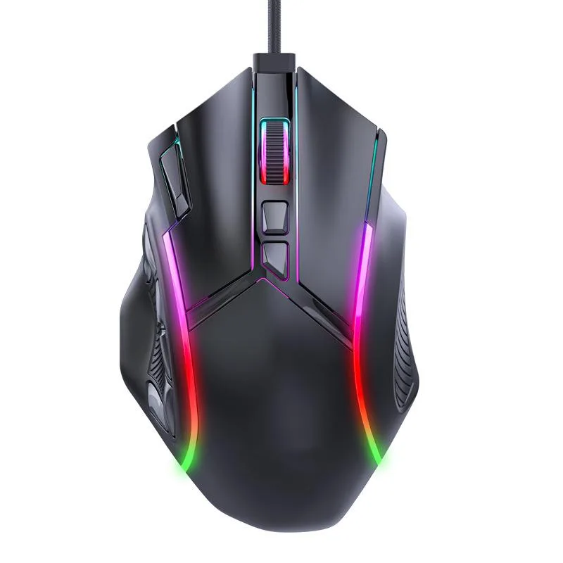 Black wired gaming mouse with 12 side buttons and RGB lighting