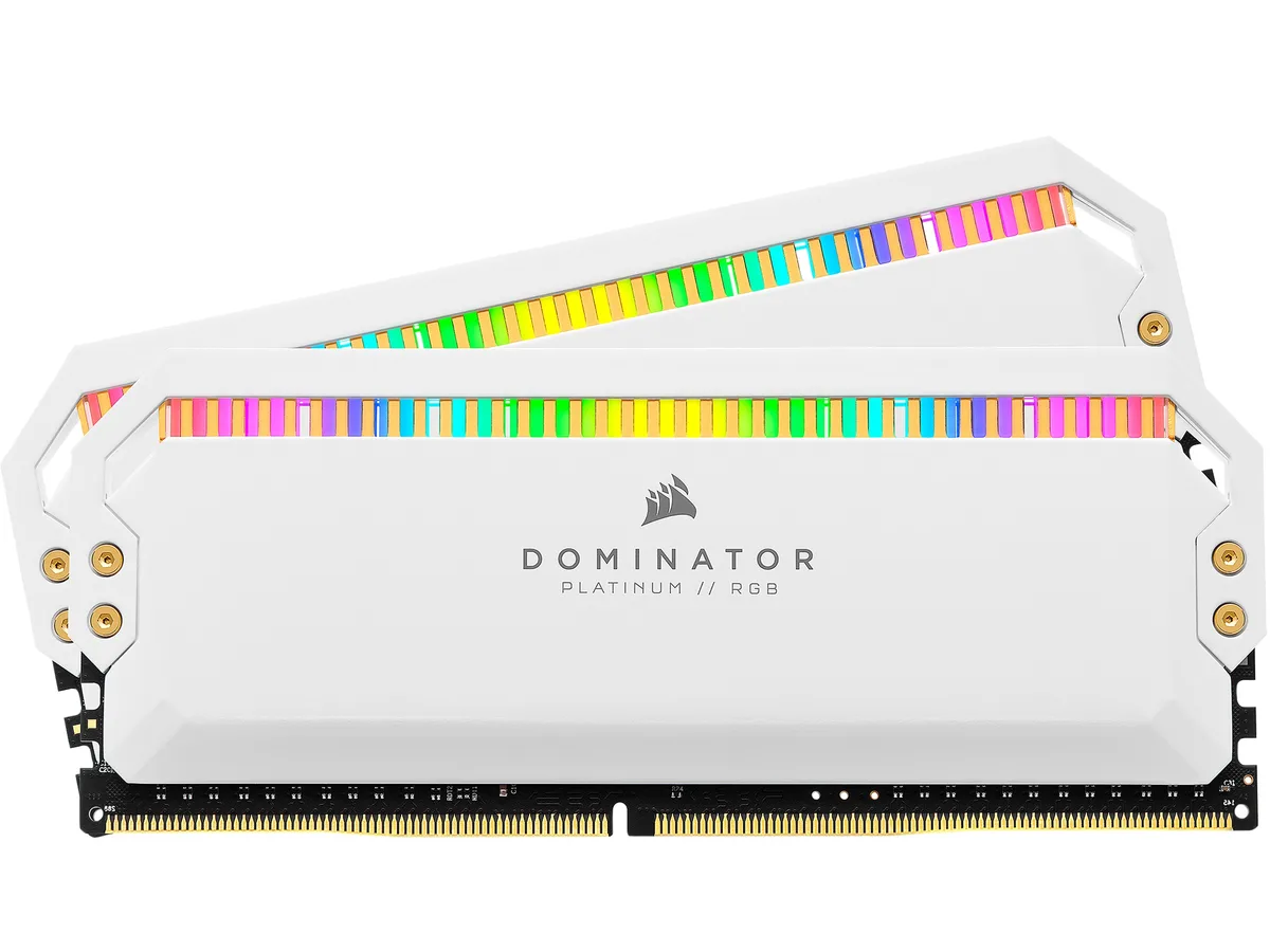 Two white DDR4 memory sticks with tall anodized aluminum heat spreaders and RGB light bars