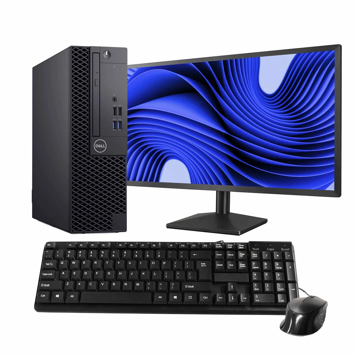 Black Dell OptiPlex 3070 tower with 24 inch monitor keyboard and mouse