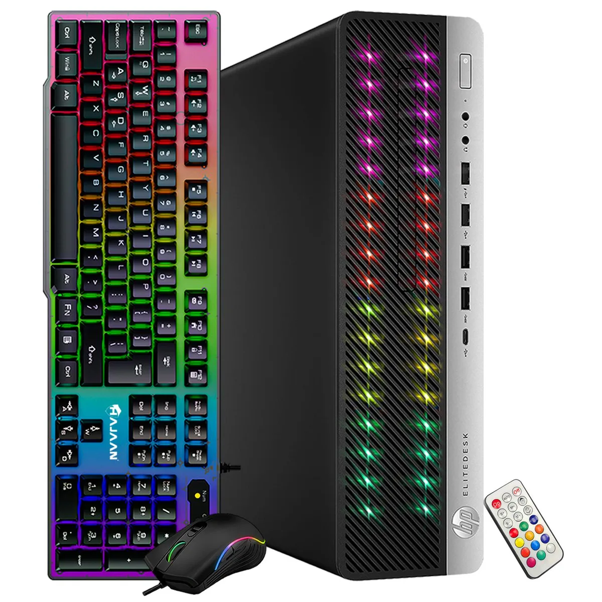 HP EliteDesk 800 G3 small-form-factor desktop in black with front RGB lighting, wired keyboard, wireless mouse