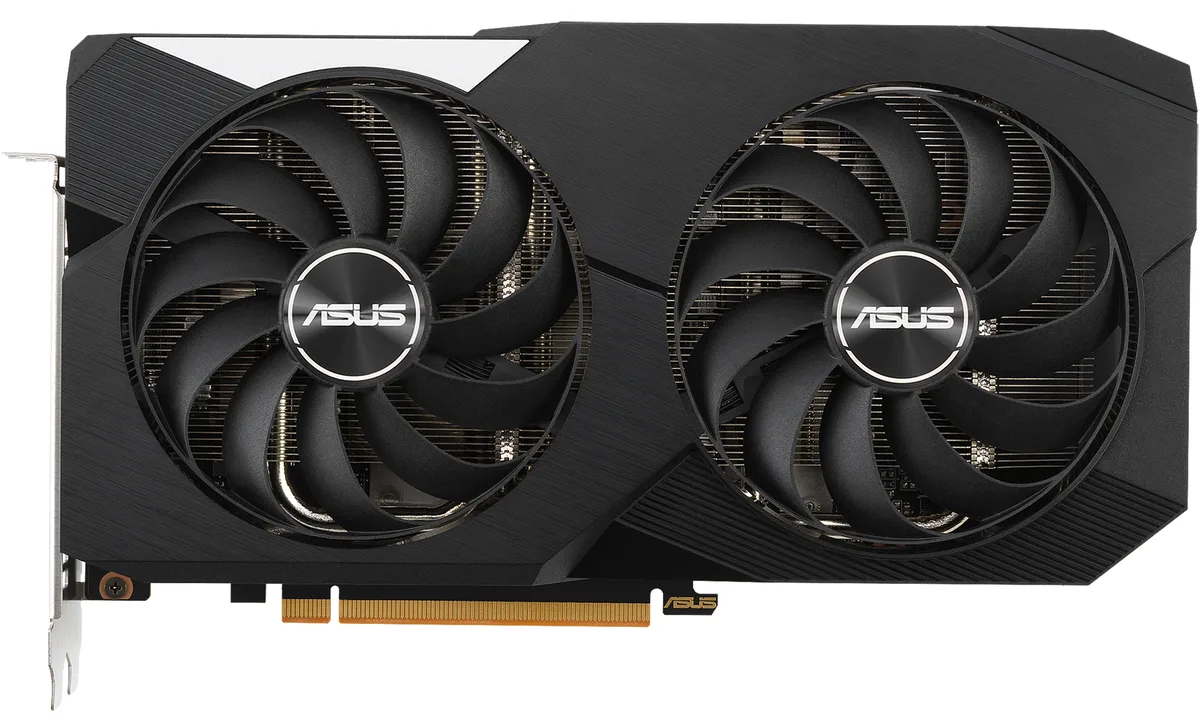 Dual-fan graphics card in dark finish with metal backplate, one HDMI and three DisplayPort outputs