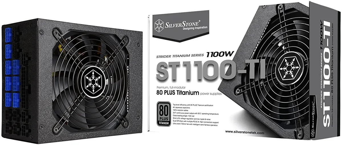 Silver rectangular ATX power supply with modular cable sockets and 135mm fan grille