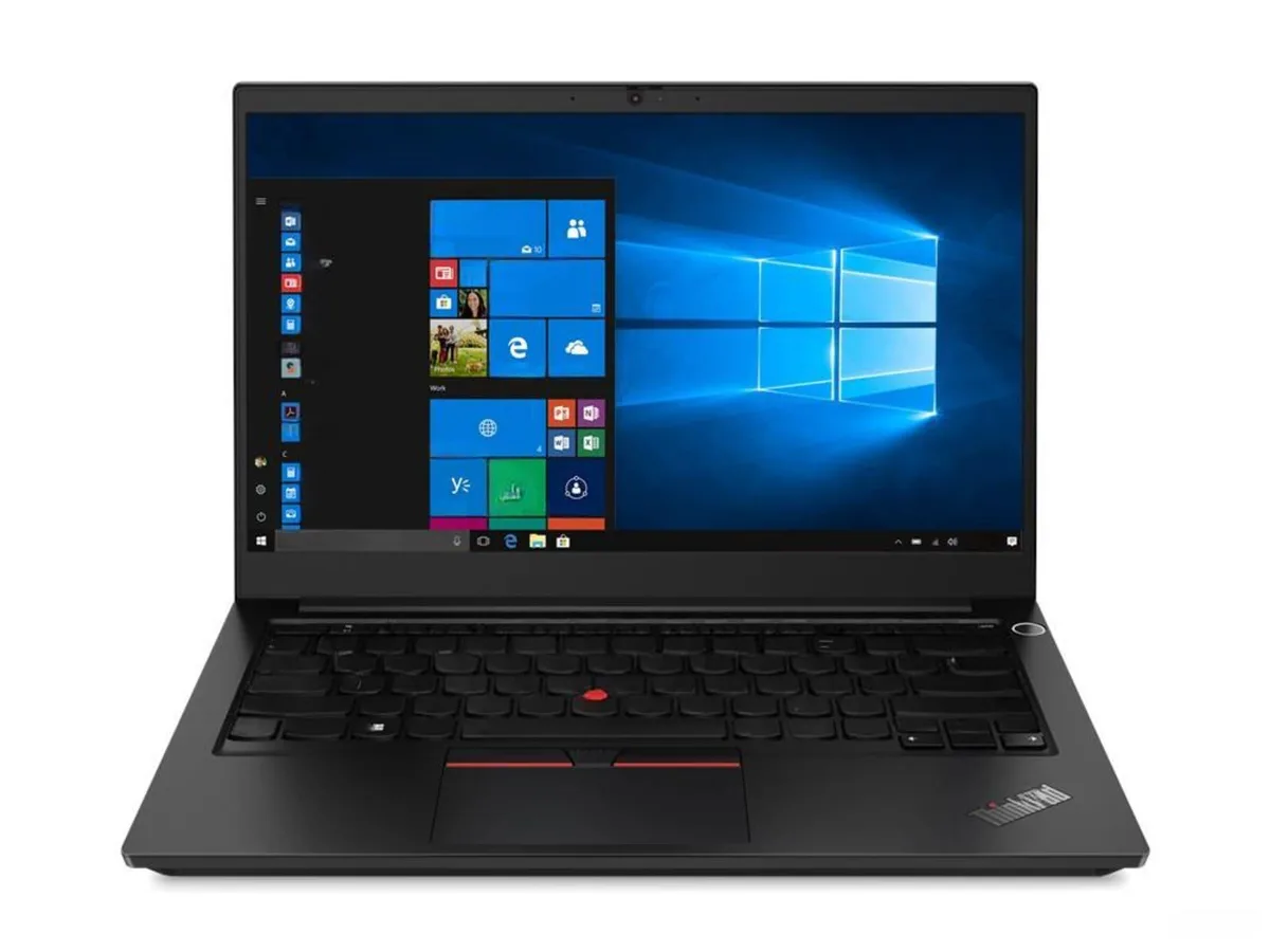 Black ThinkPad E14 Gen 3 laptop closed, matte finish, 14 inch non-touch screen, integrated webcam visible