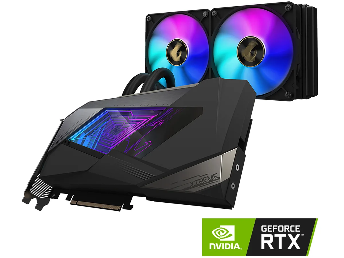 Black triple-slot graphics card with integrated 240mm liquid cooler and two 120mm ARGB fans