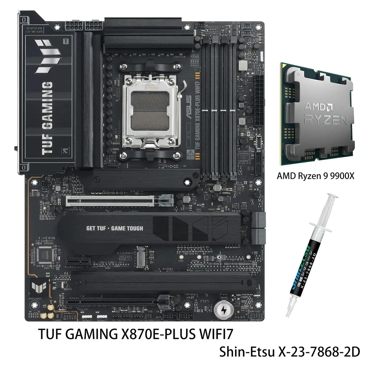 ATX motherboard with black heatsinks and grey PCB plus Ryzen 9 9900X CPU in plastic tray