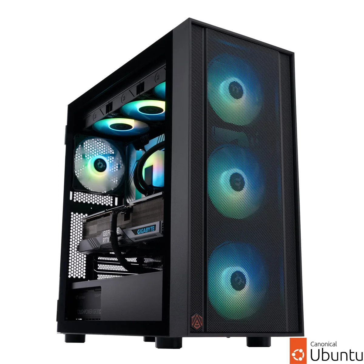 Black ABS Eurus 570 tower with RGB memory and liquid cooler visible