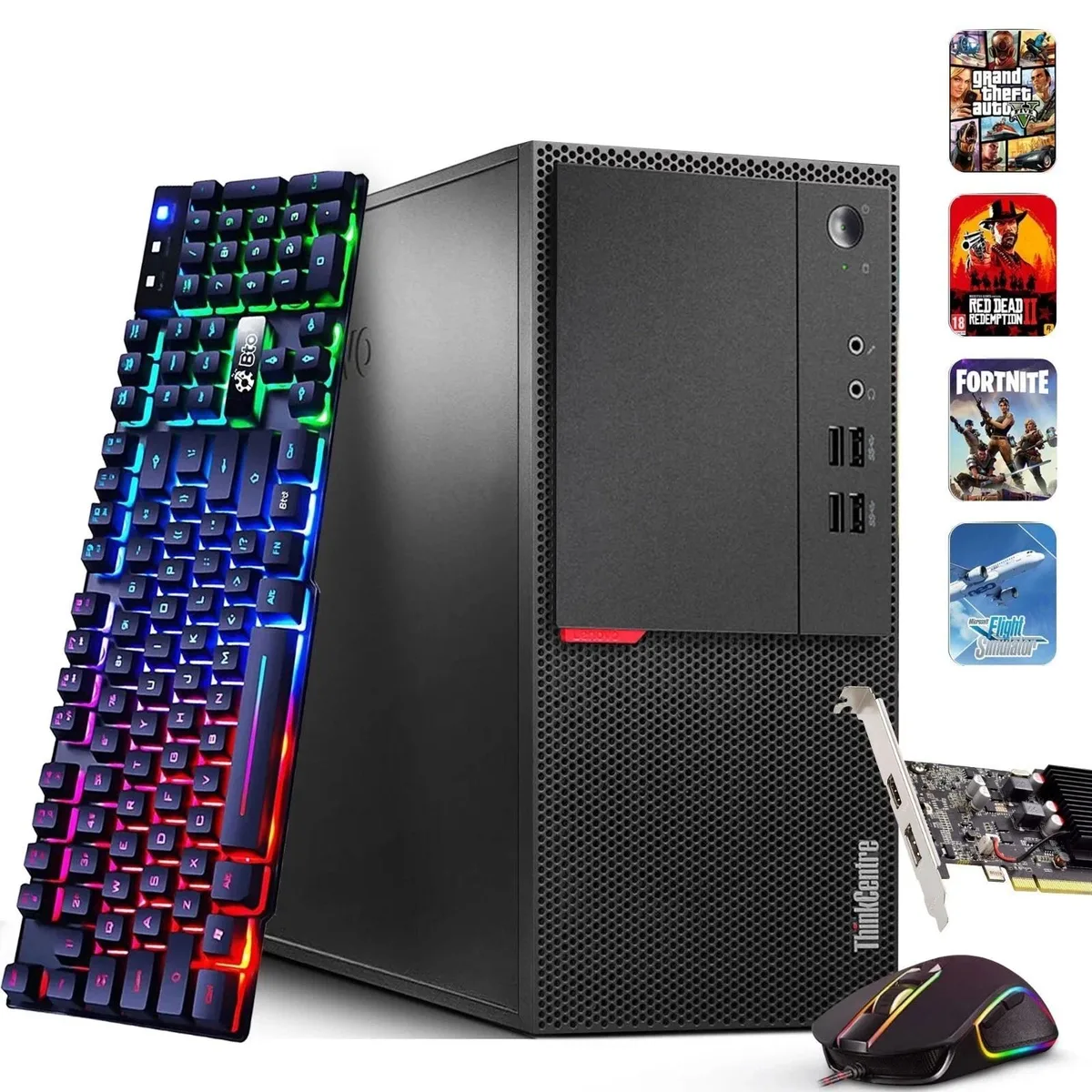Black Lenovo M900 tower desktop with Radeon 550 graphics