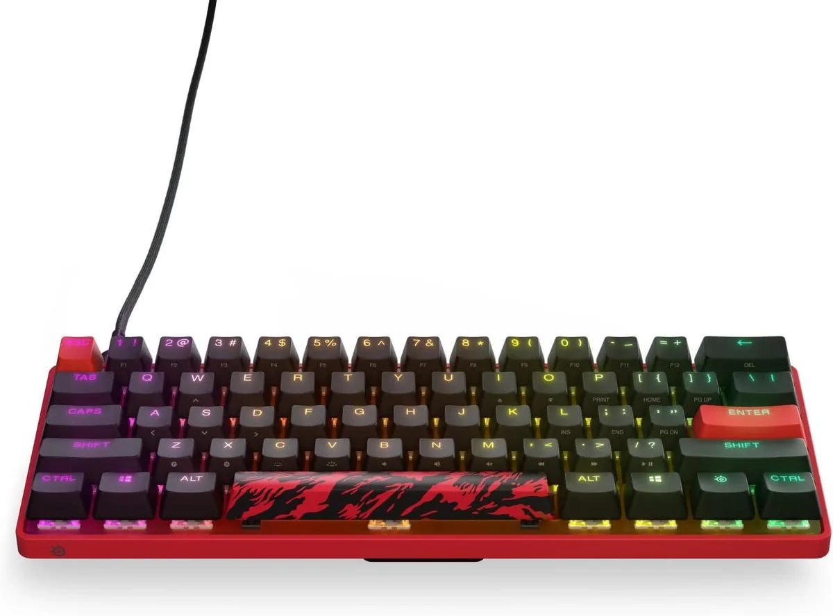 Compact 60% keyboard in black and red camo finish with aluminium frame and OLED display