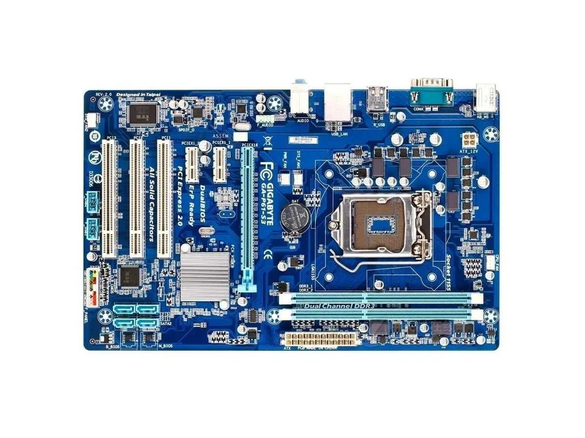 Green ATX motherboard with black LGA 1155 socket two DDR3 slots blue PCIe x16 and white PCIe x1 ports silver heatsinks