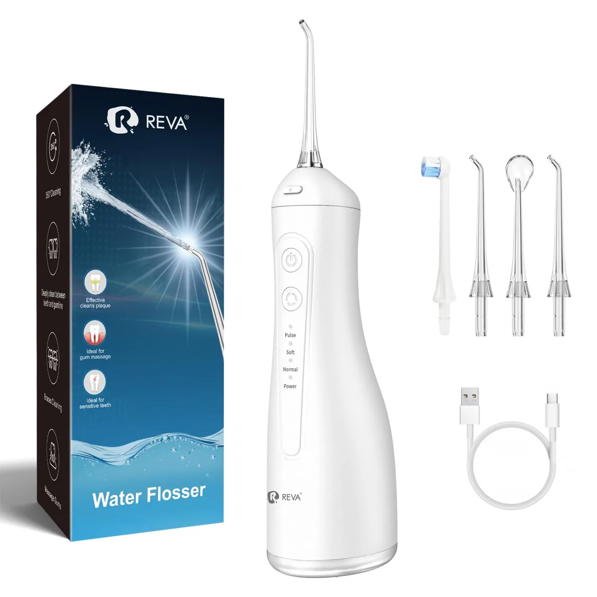 REVA M159 White Oral Irrigator 300ml Tank 4 Modes 360° Nozzle 4 Tips IPX7 USB-C Rechargeable — product photo
